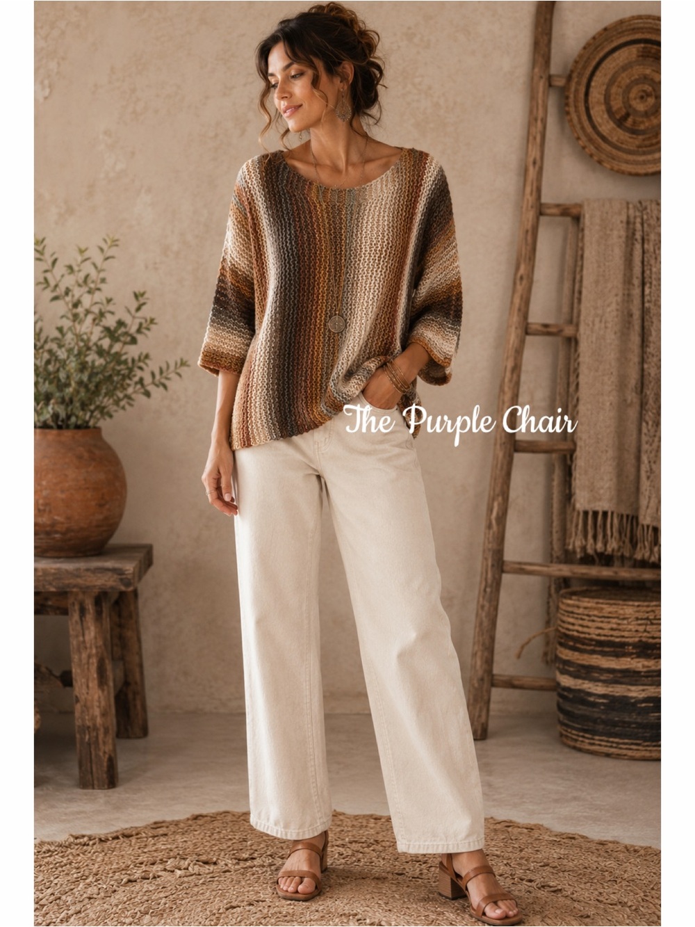 RENUAR Chunky Knit Wool Blend Ombré Sweater *Camel Combo S